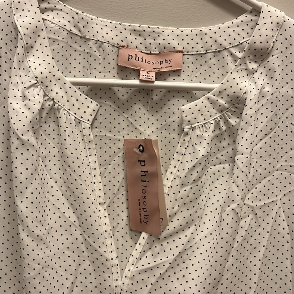 Philosophy top, while with black dots, size L